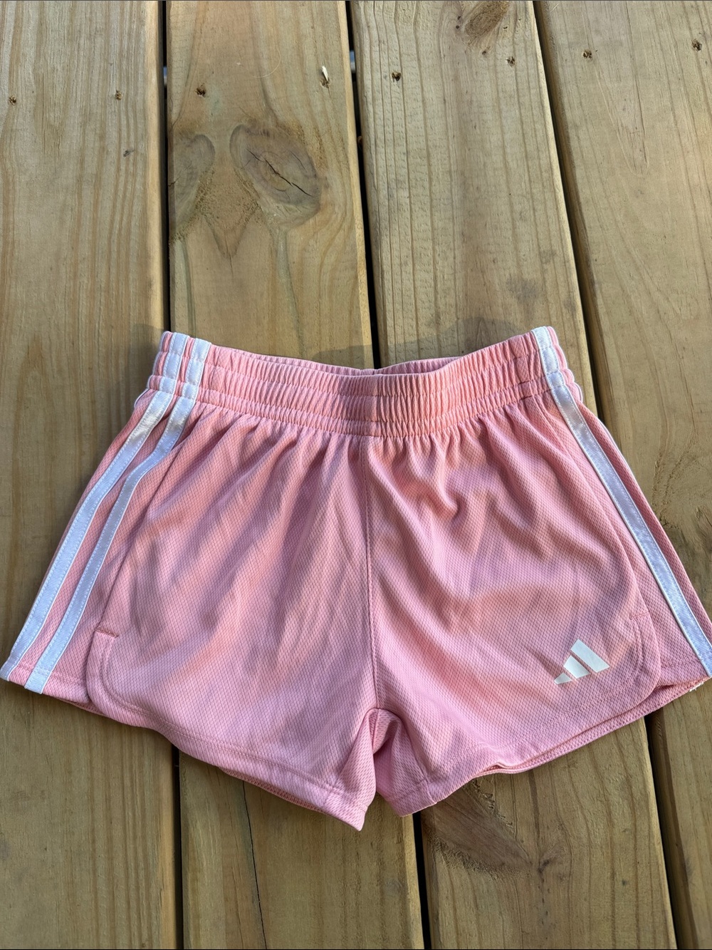 adidas Girls Pink Elastic Mesh Shorts with White Stripes & Drawstring Size S 7/8